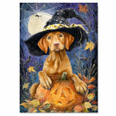 Vizsla Puppy Halloween Wall Art Witch Hat Pumpkin Autumn Night Décor for Yard Bat Moon Star Paintings on Ready to Hang 1.5" Thick Canvas Wrap, Floating Framed Canvas, Flat Rolled Canvas
